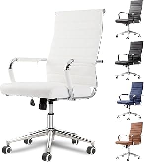 Okeysen White Office Desk Chair, Ergonomic Leather Modern Conference Room Chairs, Executive Ribbed Height Adjustable Swivel Rolling Chair for Home Office.