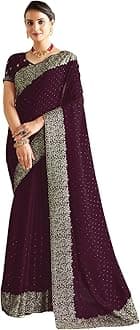 SatraniWomen's Vichitra Silk Hot Fixing Embroidery Border Saree with Unstitched Blouse Piece