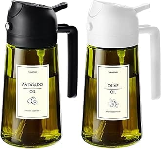TrendPlain 470ml Olive Oil Spray Bottle - 2 in 1 Olive Oil Dispenser Bottle for Kitchen Accessories - Kitchen Gadgets, For Air Fryer - with Stickers, Light Blocking - Black & White
