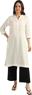 BLOCKS OF INDIA Long Cotton Kurta Womens Plain Straight Kurta, 3/4 Sleeve, Knee Length with 2 Pockets