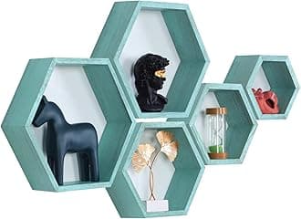 PHOENANCEE Hexagon Floating Shelves,Wall Mounted Wood Farmhouse Storage Honeycomb Wall Shelf Set of 5,for Bathroom, Kitchen, Bedroom, Living Room,Office,Driftwood Finish (Ocean Blue)
