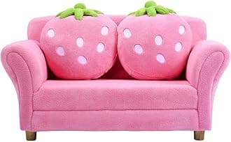 Kids Couch, Double Seat Pink Children's Sofa with 2 Strawberry Pillows, Toddler Armrest Chair for Bedroom, Living Room, Large Soft for Kids Loveseat Toy for Baby Girls Preschool Gifts Presents