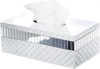 Creative Scents Quilted Mirror Rectangle Tissue Box Cover - White Tissue Box Holder Rectangular for Bathroom with Durable Bottom Slider - Tissue holders Decorative White Bathroom Accessories and Decor
