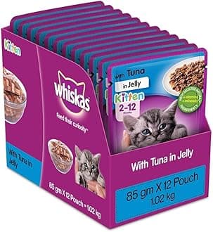 whiskas Kitten Wet Cat Food (2-12 Months), Tuna In Jelly Flavour, 12 Pouches (12 X 85G), 1 Count