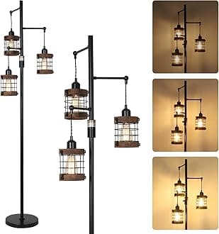 Airposta Dimmable Floor Lamps for Living Room, 3-Light Industrial Floor Lamp with Wood & Metal Cage, Farmhouse Standing Lamp Tall Tree Lamp for Bedroom Office, Rustic Black Tall Floor Lamp for Corner