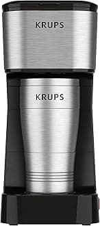 KRUPS: 2 Cup Coffee Maker, Simply Brew Stainless Steel Single Serve Drip Coffee Machine and Travel Tumbler 14 Ounce Stainless Steel Tumbler Included 650 Watts Coffee Filter, Compact Silver and Black