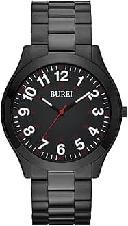 BUREI Men's Wrist Watch Military Time Easy Read Dial, 24 Hour with Second Hand, Stainless Steel Band.