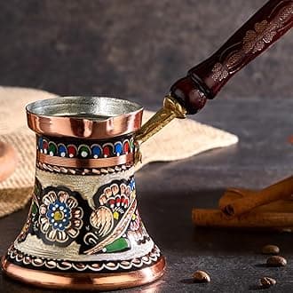 Handmade Copper Turkish Arabic Moroccan Persian Coffee Milk Pot Maker Kettle Cezve Boiler Warmer for Stovetop Stove Top with Mexican Handle Antique Vintage Fancy Rustic Retro Style Decor Ornate Gift