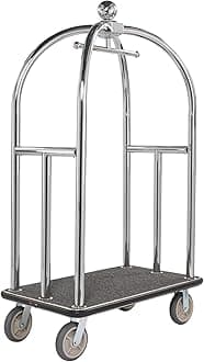 Hotel Luggage Cart, Heavy Duty 350kg Capacity Stainless Steel Baggage Trolley with Hanging Rail and Grey Carpet Base on Large Castor Wheels