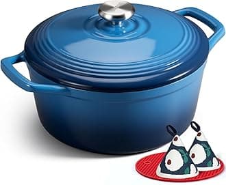 - Enameled Cast Iron Dutch Oven - 5.5QT Pot with Wide Handles Lid Cookbook & Cotton Potholders - Heavy-Duty Pre-Seasoned Cookware Oven Safe to 500°F for Braising, Stews, Roasting, Sourdough Baking