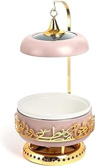 Jiwar Chafer with Porcelain Bowl, Stainless Steel Base, Water Bowl for Even Heat, Glass Lid with Hanger, Powered Buffet Warmer for Catering (Lavender & Gold, 6 Liters)