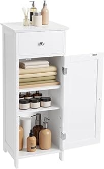 VASAGLE Bathroom Floor Cabinet Wooden Storage Organizer Unit with Drawer and Adjustable Shelf for Living Room White
