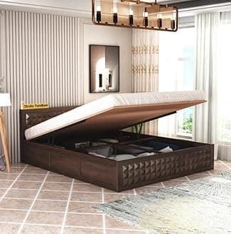 STRATA FURNITURE Sheesham Wood Diamond King Size Bed with Hydraulic Storage and Headboard for Living Room Home Bedroom Wooden Double Bed Cot Palang Furniture (Walnut Finish)