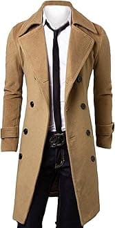 SOMTHRON Men's Casual Trench Coat Slim Fit Notched Collar Long Jacket Business Overcoat Double Breasted Pea Coat