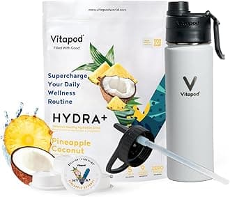 VitapodHydra+ Pineapple Flavored Water Enhancer Pods Starter Bundle, Water Flavoring, Sugar Free, Vitamin C, Vitamin D, Zinc, 30 Pods, 22 oz Stainless Steel Water Bottle, White