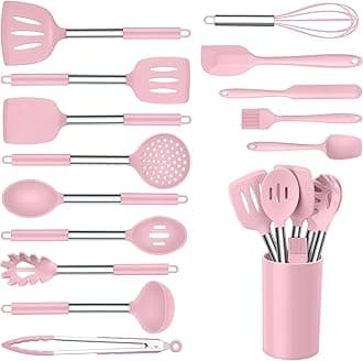 Silicone Utensils Set, Onader 15pcs Kitchen Cooking Utensils with Holder, Non-stick Cookware with Stainless Steel Handle, Kitchen Gadgets Tools Gift - Pink