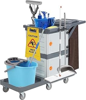 Commercial Janitorial Cart with 2 Cabinet, Traditional Janitorial 3-Shelf Cleaning Cart On Wheels, Plastic Housekeeping Cart with 30 Gallon Bag, 200 Lbs Load Capacity