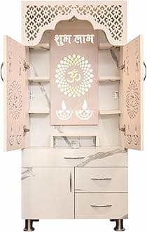 SHLOK Home Temple with Doors and Inbuilt LED Light Engineered Wood (Height: 130, Pre-Assembled)