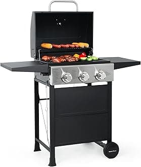 MASTER COOK 3 Burner BBQ Propane Gas Grill, 472 Sq. In. Cooking Area, 30,000 BTU Stainless Steel Barbecue Grill with Two Foldable Shelves for Outdoor Patio, Backyard