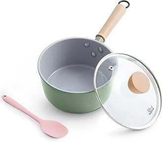 ROCKURWOK Ceramic Nonstick Sauce Pan, 2 Quart Cooking Pot, Small Saucepan with Lid, PTFE & PFAS-Free, Wooden Handle for Cool Touch, Universal Base(Gas, Electric & Induction), Green