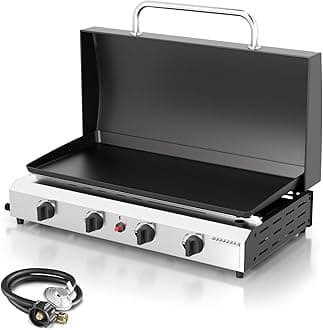 4 Burner BBQ Gas Griddle with Hood, 30 Inch Stainless Steel Portable Detachable Propane Griddle, 60,000 BTU Flat Top Barbecue Grill with Lid for Camping