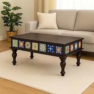 Sheesham Wood Rectangle Center Coffee Table for Living Room | Centre Table for Drawing Room, Office & Home | Multicolor Tiles Design| Walnut Finish