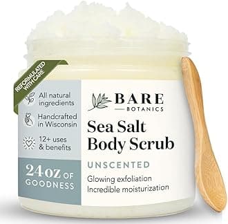 Bare Botanics Unscented Body Scrub 24 oz - Naturally Scented Sea Salt Scrub Made in Madison, WI - Formulated w/Skin Loving Moisturizers - Vegan, Cruelty Free Exfoliator w/a Cute Wooden Spoon