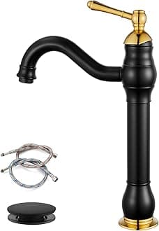 gotonovo Vessel Bathroom Sink Faucet Matte Black and Polish Gold Single Handle Lavatory Vanity Mixer Bar Tap with Pop Up Drain Tall Spout Long Spout Single Hole Deck Mount Hot and Cold Water Hose