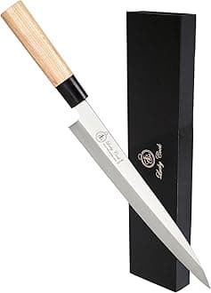 Sashimi Sushi Knife 10 Inch - Perfect Knife For Cutting Sushi & Sashimi, Fish Filleting & Slicing - Very Sharp Stainless Steel Blade & Traditional Wooden Handle + Gift Box