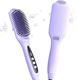 Straightener Brush for Smooth Shine Hair - Keratin & Argan Oil Coated Bristles, Ionic Ceramic Straightening Brush to Reduce Frizz & Nourish Hair, Dual Voltage, 12 Temp 250-450F, Purple