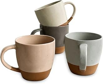 Mora Ceramic Large Latte Mug Set of 4, 16oz - Microwavable, Porcelain Coffee Cups With Big Handle - Modern, Boho, Unique Style For Any Kitchen. Microwave Safe Stoneware - Assorted Neutrals