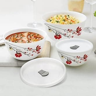 Larah by Borosil Chrys Red Set of 3 Mixing & Serving Bowls with Lids, Microwave Safe (500 ml, 1 L & 1.5 L)