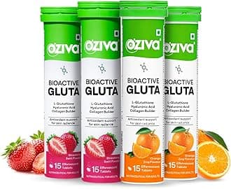 OZivaBioactive Glutathione Tablets for Radiant Skin - 60 Effervescent Tablets (Pack of 4) | L-Glutathione, Hyaluronic Acid, Lycopene For Skin Glow & Anti-Pigmentation | Strawberry Swirl and Orange