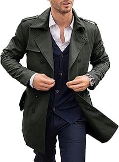 PASLTER Mens Trench Coat Notched Lapel Double Breasted Long Jacket Windbreaker Overcoat Pea Coat