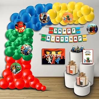 PRETTY UR PARTY Ninjago Party decorations Kit - 80 pcs Includes Banner, Balloons, Thank You, Centerpiece, Danglers, Warrior Ninja Party Supplies, DIY Happy Birthday Decoration Kit for Kids, Gamer