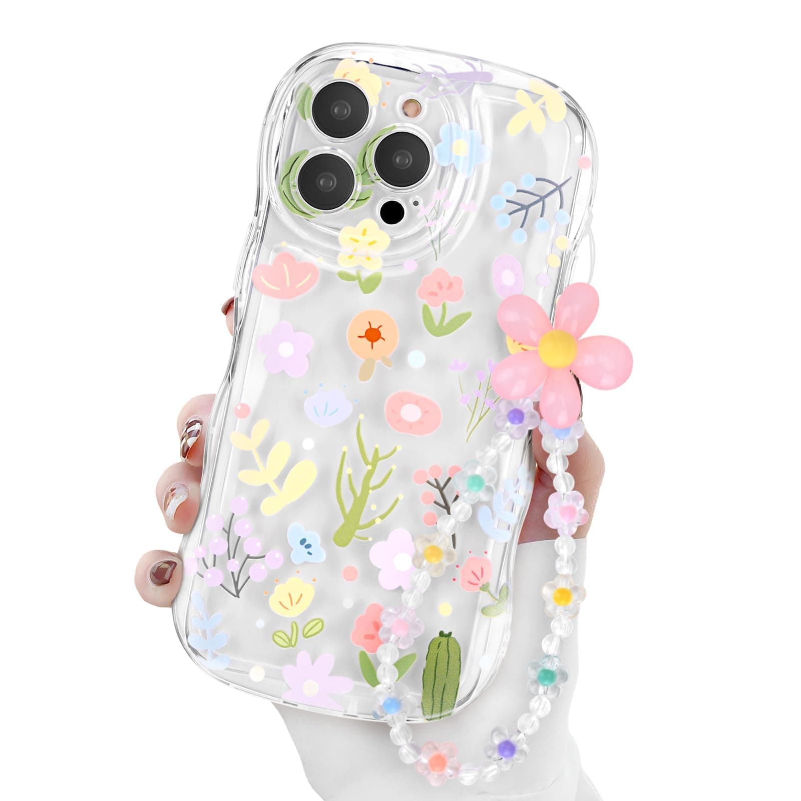 MAKINGTEC for iPhone 15 Pro Max Case, Cute Colorful Flower Curly Wave Clear Case with Lovely Flower Bracelet Chain for Women Girls Soft TPU Shockproof Protective Case Cover for iPhone 15 Pro Max