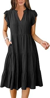 Womens Summer Dress Ruffle Sleeve V Neck Midi Dresses Fashion Casual Fit Flowy Tiered Boho Beach Vacation Sundress