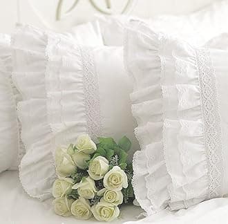 QSH Queen’s House White Embroidery Lace Pillow Cases Cotton Vintage Ruffled Pillow Shams Standard Size Set of 2