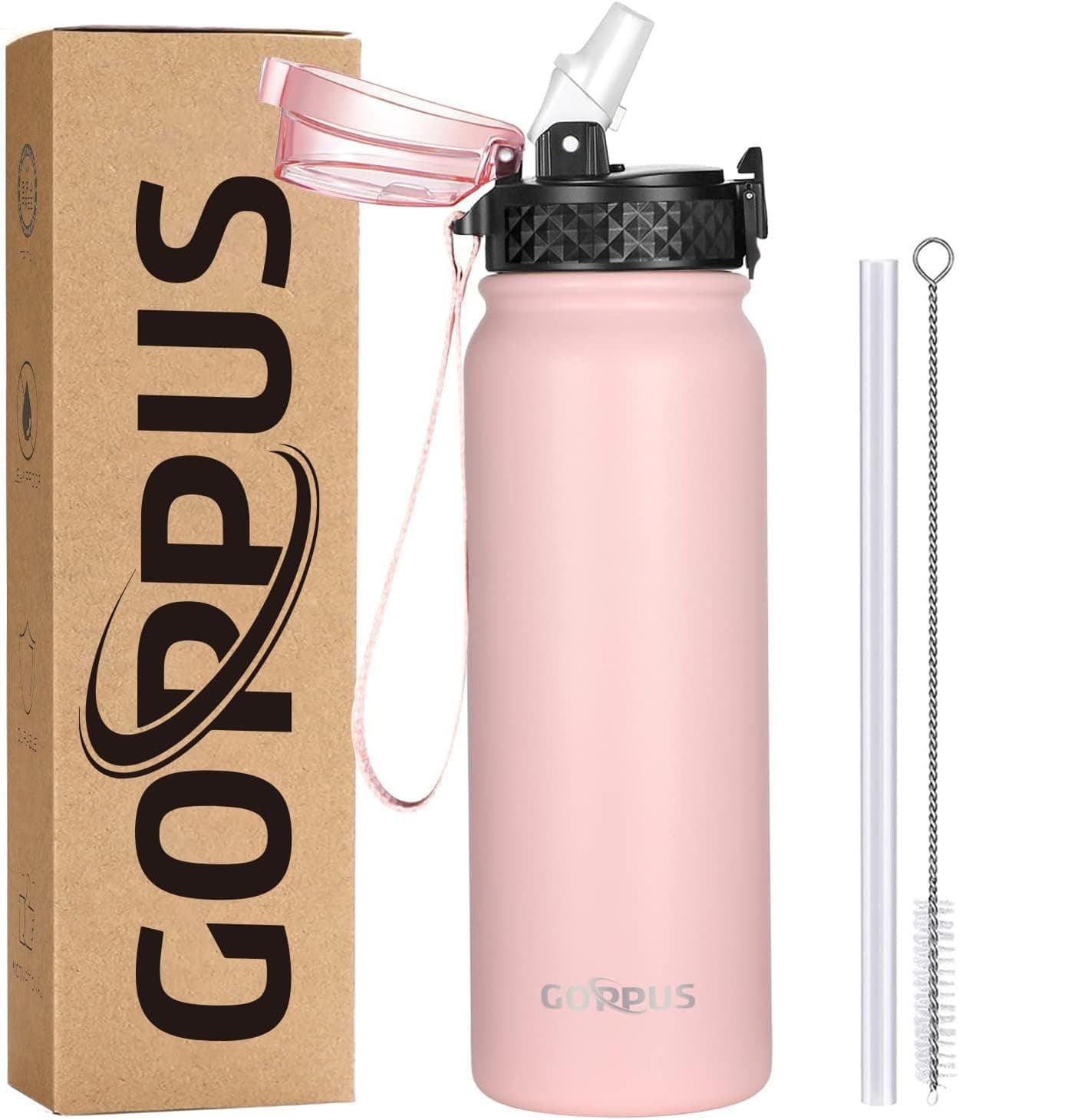 GOPPUS 600ml/20oz Stainless Water Bottle with Straw Double Wall Insulated Bottles with Strap One Hand Open Vacuum Thermal Flask Leakproof Keep Cold Drinks Bottles with Flip Top Lid BPA Free for Adults