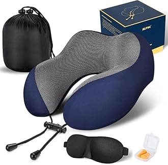 MLVOC Travel Pillow 100% Pure Memory Foam Neck Pillow, Comfortable & Breathable Cover, Machine Washable, Airplane Travel Kit with 3D Contoured Eye Masks, Earplugs, and Luxury Bag, Standard (Blue)