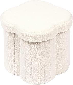 Bonlife Boucle Flower Ottoman Storage Stool, Folding Storage Box Footstool for Living Room, Multi-functional for Small Space Cream White 32x32x32cm