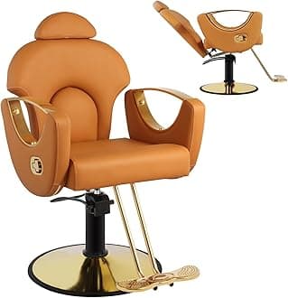 Salon Barber Chair, Reclining Salon Chair for Hair Stylist, Hair Salon Chair with Heavy Duty Hydraulic Pump, 360 Degrees Swivel Styling Braiding Hairdresser Chair for Home Barbershop, Tan Gold