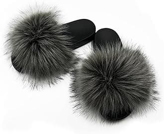 AuapTavw Women's Faux Fur Slides Slippers Fluffy Fuzzy Sandals Open Toe Furry Slide Flip Flop Indoor Outdoor