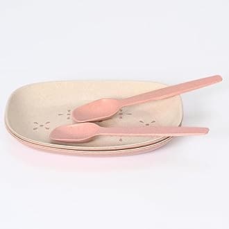 Eha Earth-Friendly Small Snack Serving Plates Set of 2 with Spoons | 6 inch | Small Snack Plates Made with Bamboo Fibers & Rice Husk Fiber | Microwave Safe | Dessert Plates | Innocent