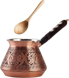Thick Copper Turkish Greek Arabic Coffee Pot 250 ml, Traditional Hand Engraved Cezve Ibrik Briki with Wooden Handle & Spoon, Handmade in Turkey (Matte)