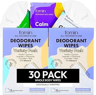 Travel Deodorant Wipes - 30 Count - Variety Pack - pH Balanced, Hypoallergenic Mini Deodorant Wipes For Women and Men - Plastic-Free, Individually Wrapped Underarm & Body Wipes