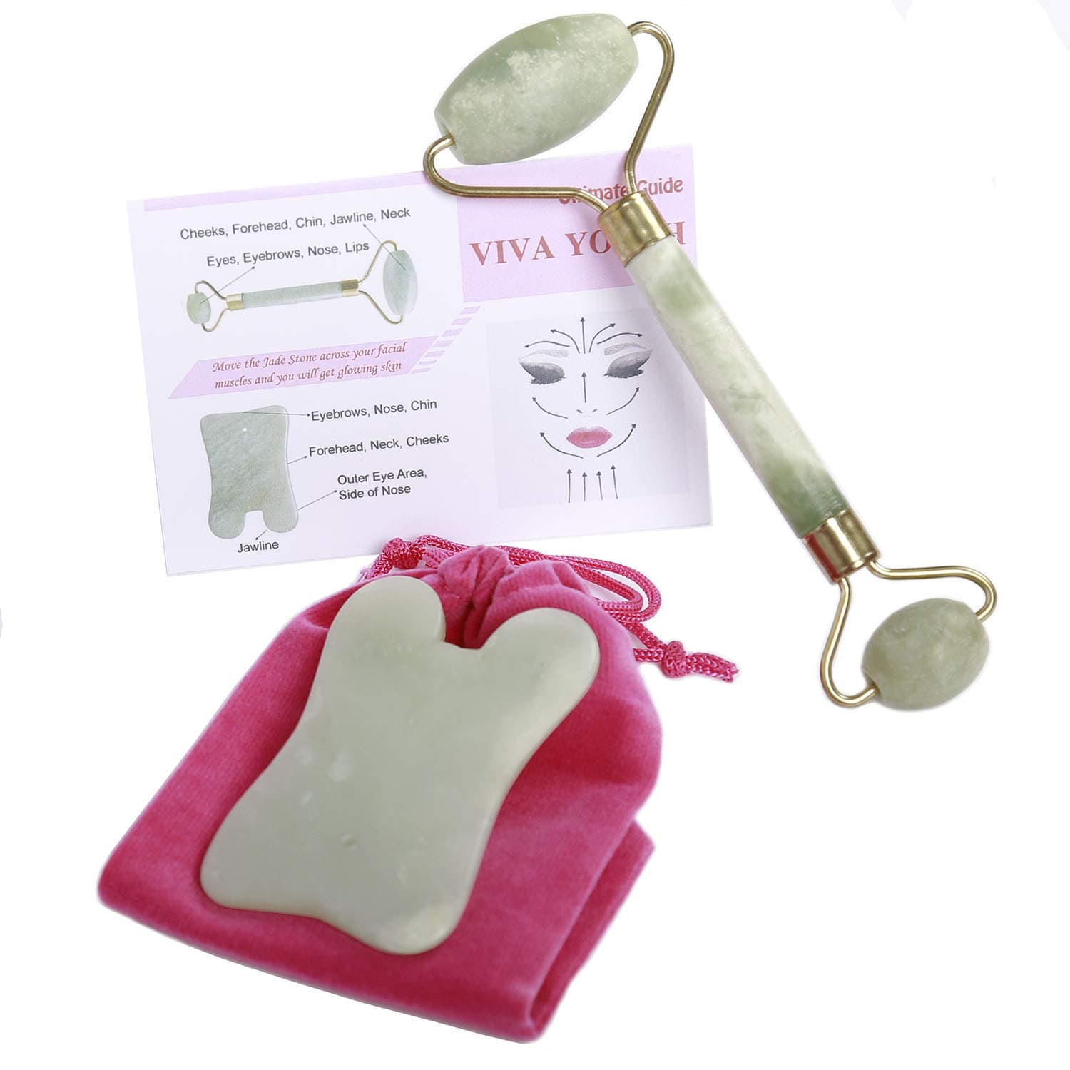 Prime Jade Roller and Gua Sha Beauty Tool Set – Face, Eyes, Neck and Body Massager – Premium 100% Real Jade Stone for Massaging, Scraping – Anti Aging Facial Skin Care Kit