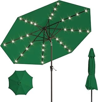 AreSharkAreShark 9FT Solar Umbrella 32 LED Lighted Patio Umbrella Table Market Umbrella w/Tilt and Crank Outdoor Umbrellas for Garden, Deck, Backyard, Pool and Beach, Dark Green