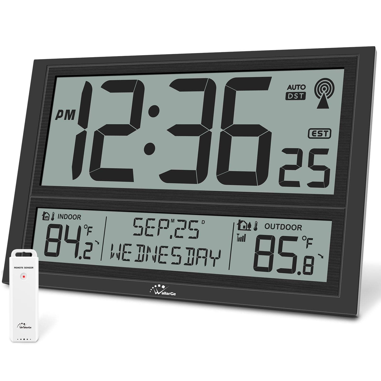 WallarGe 20'' Extra Large Atomic Clock with Indoor Outdoor Temperature, Ultra Clear 4.5'' Numbers Display with Auto DST, 4 Time Zones, Date and Day Display, Battery Operated