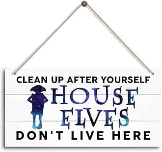 Funny Wizard Decor Clean Up After Yourself Sign - House Elves Don't Live Here Wooden Hanging Plaque for Kitchen Laundry Room, Magic Fan Gift for Women Men, Farmhouse Kitchen Sign